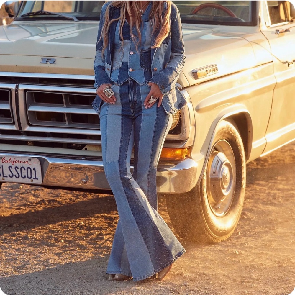 Patchwork Two-Tone Denim Jacket & Flared Jeans Se… - image 1